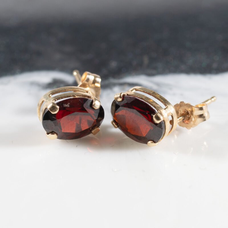 14K Yellow Gold Genuine Oval Garnet Studs